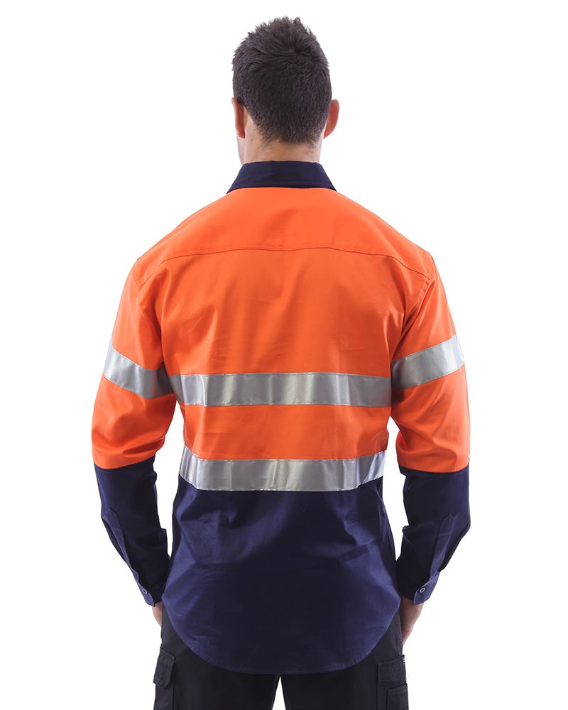 Hi Vis Taped Closed Front Cotton Drill Shirt LS (3 Pack) - Orange/Navy