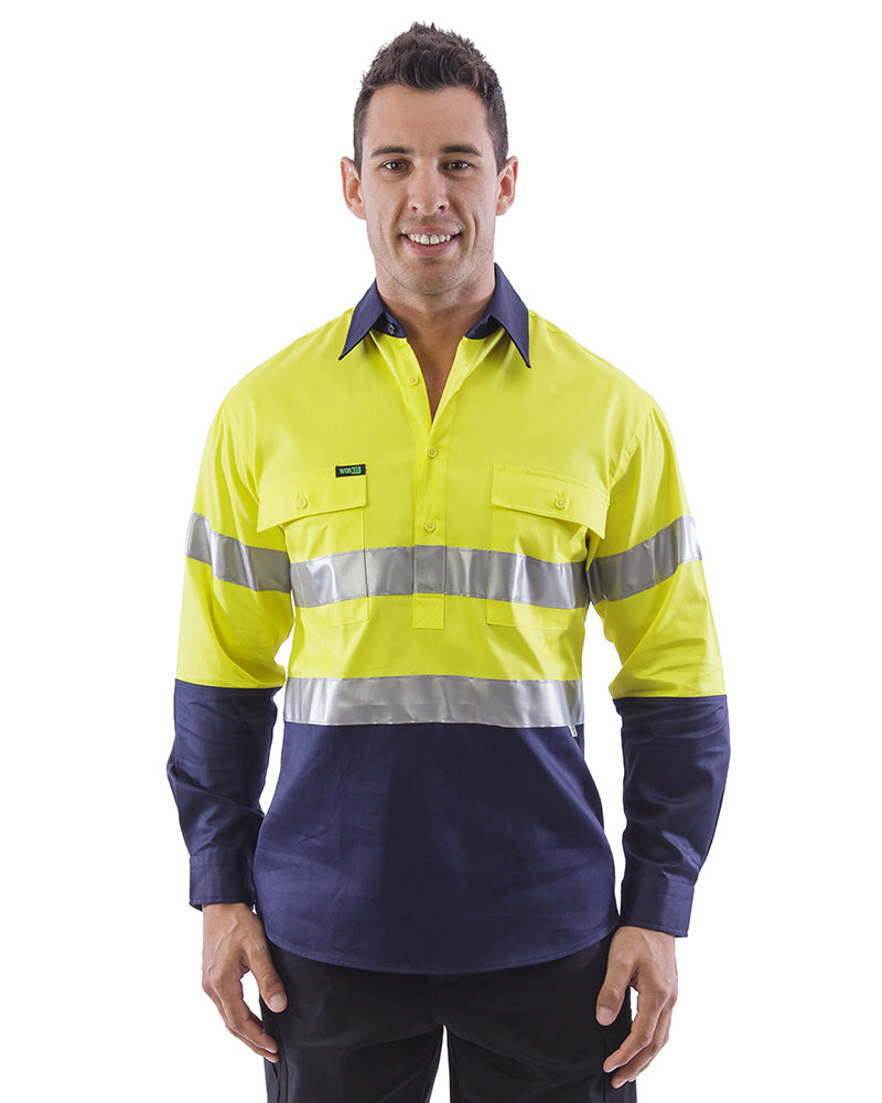 Hi Vis Taped Closed Front Cotton Drill Shirt LS (3 Pack) - Yellow/Navy