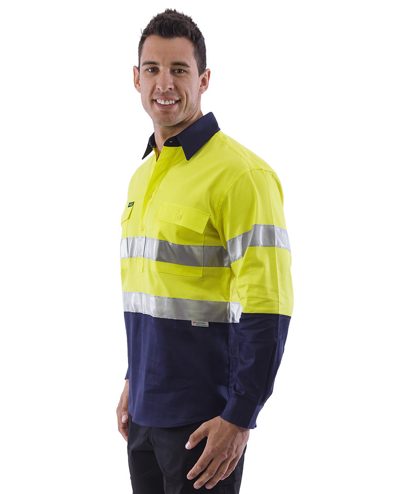 Hi Vis Taped Closed Front Cotton Drill Shirt LS (3 Pack) - Yellow/Navy