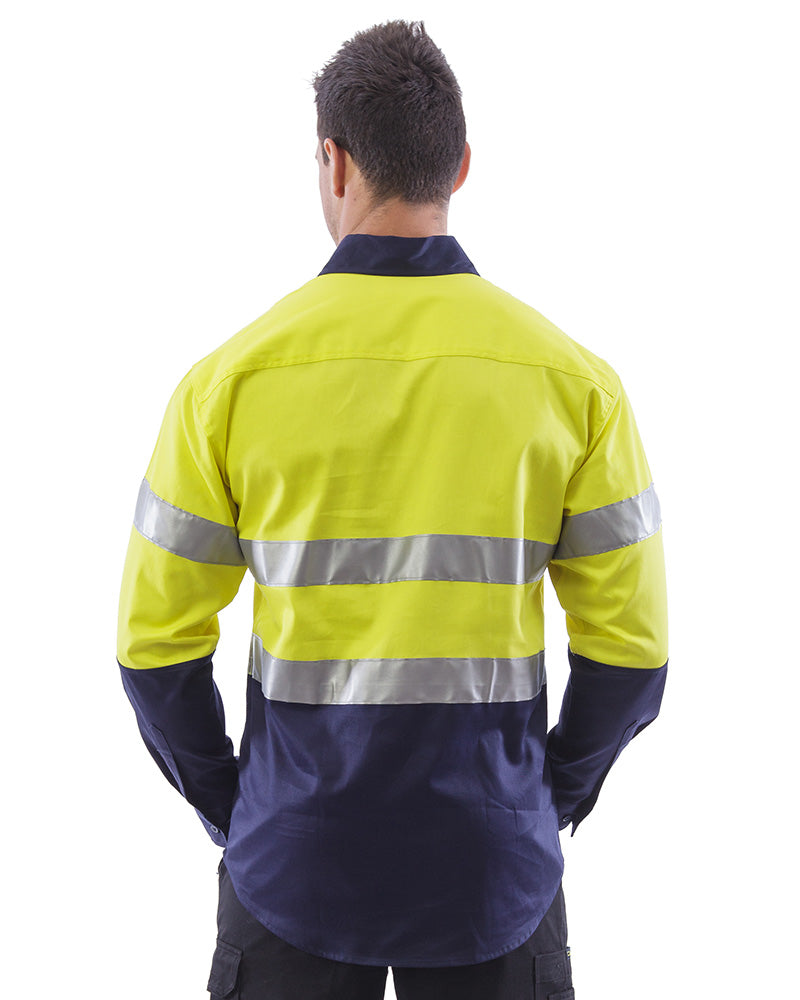 Hi Vis Taped Closed Front Cotton Drill Shirt LS (3 Pack) - Yellow/Navy