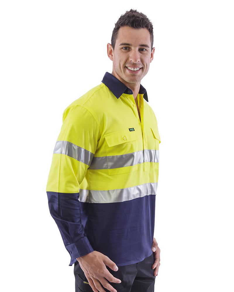 Hi Vis Taped Closed Front Cotton Drill Shirt LS (3 Pack) - Yellow/Navy